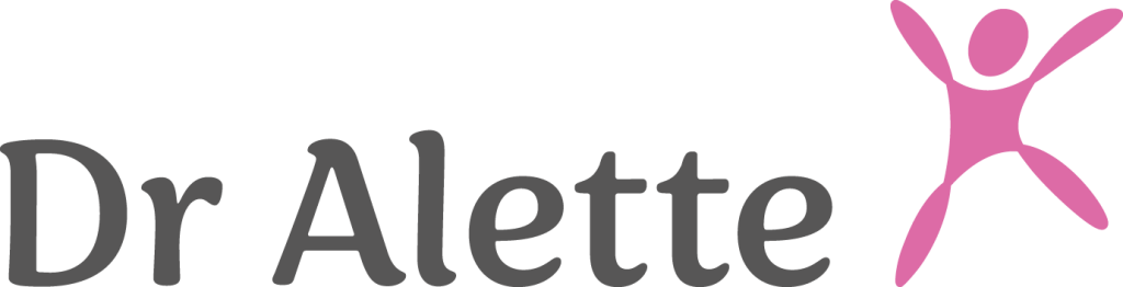 Dr Alette logotyp i grå text och rosa ikon.